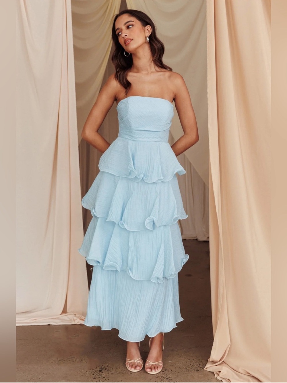 Here Comes the Sun || Giavana Strapless Layered Midi Dress Pale Blue Medium